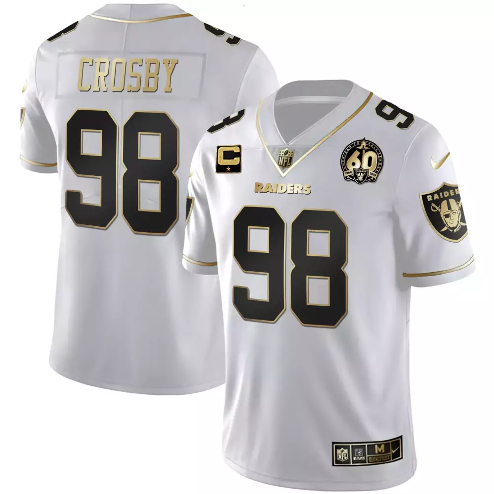 Maxx Crosby 98 Raiders Jersey White 60th Anniversary Men Black Gold All Stitched