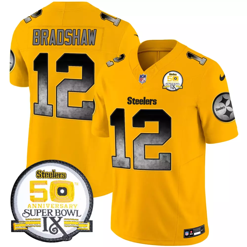 Terry Bradshaw 12 Steelers Jersey Yellow Super Bowl Ix 50 Anniversary Men Black Gray