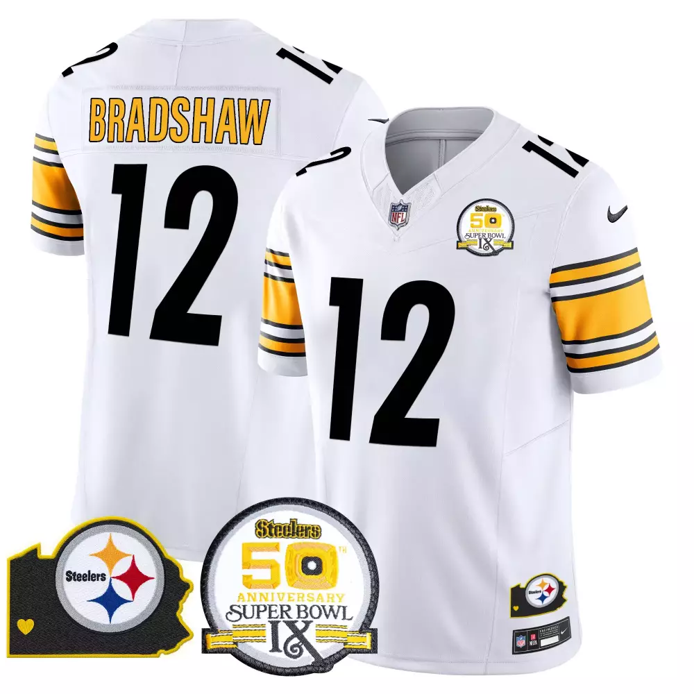 Terry Bradshaw 12 Steelers Jersey White Men Authentic Black Yellow Anniversary Vapor