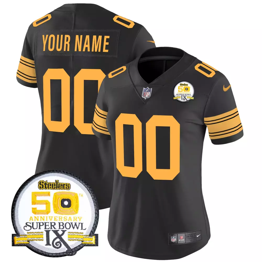 Custom Pittsburgh Steelers Jersey Black Super Bowl Ix 50th Anniversary Gold Rush