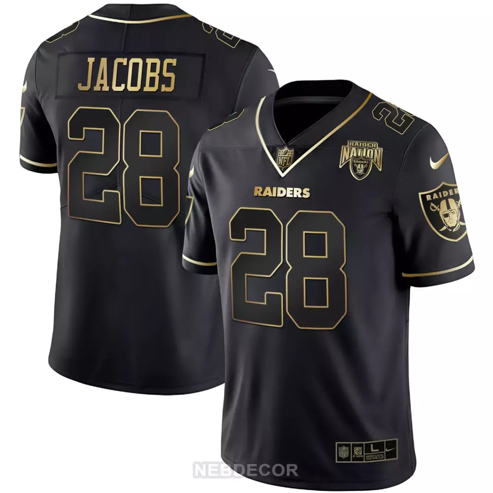 Josh Jacobs 28 Raiders Jersey Black Raider Nation Men Official Gold All Stitched