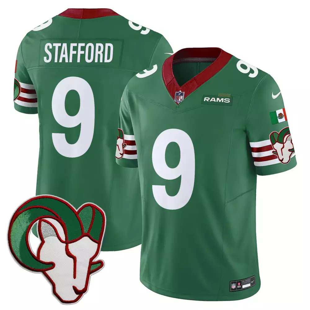 Matthew Stafford 9 Rams Jersey Green Mexico City Series Flag Men Player Alternate