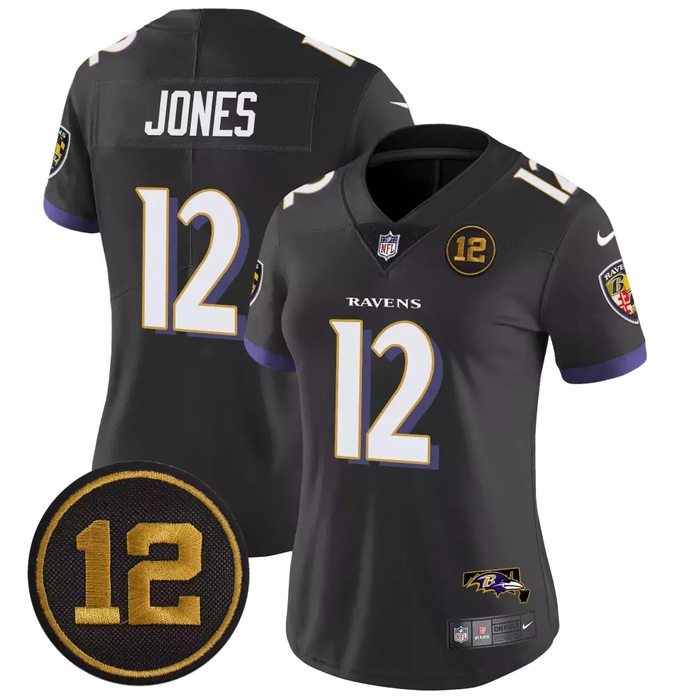 Jones 12 Ravens Jersey Black Women Purple White Gold Vapor Limited All Stitched