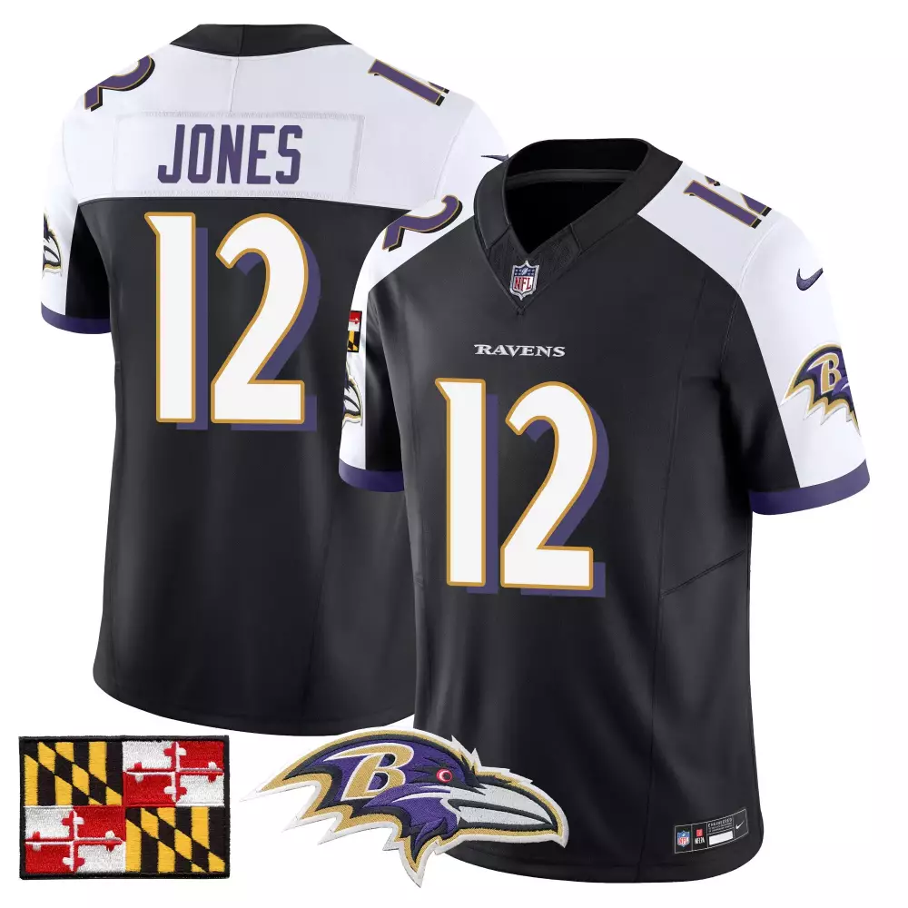 Jacoby Jones 12 Ravens Jersey Black Maryland Flag Men Standard White Purple Alternate