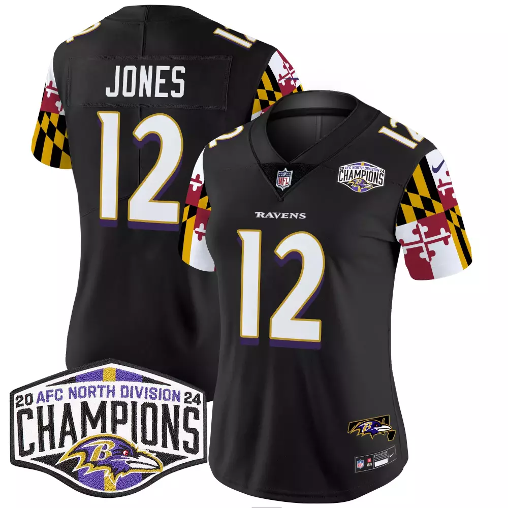 Jacoby Jones 12 Ravens Jersey Black 2023 AFC North Division Champions Men Game Purple