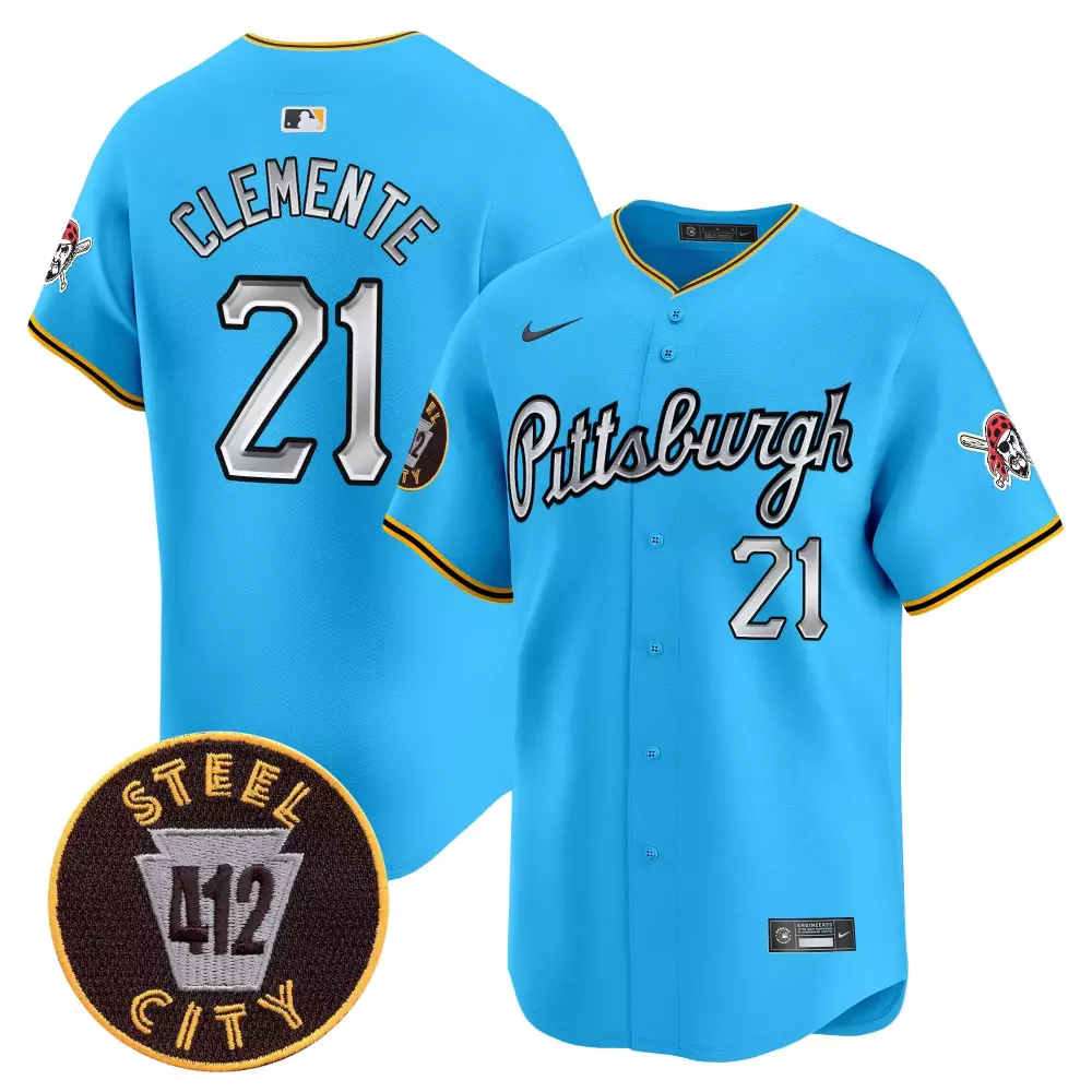 Roberto Clemente 21 Jersey Light Blue City Connect Pittsburgh Pirates Steel 412 Men
