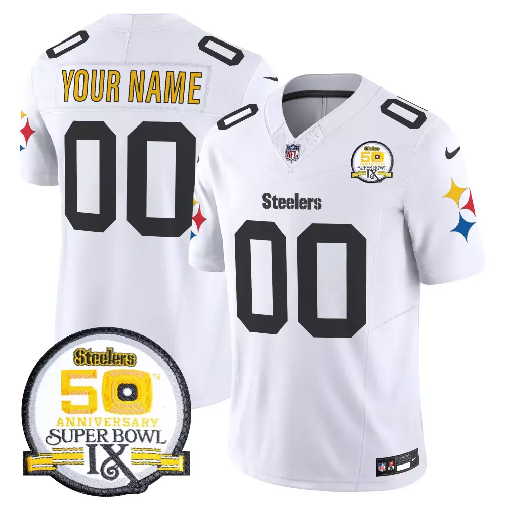 Custom Steelers Jersey White Super Bowl Ix 50th Anniversary Men Alternate Black Yellow