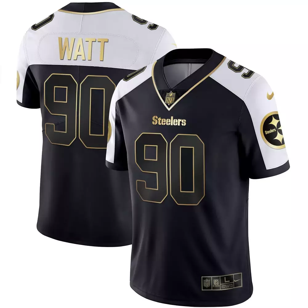 T.j. Watt 90 Steelers Jersey Black Men Standard Alternate White Gold All Stitched