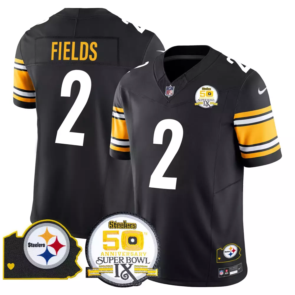 Justin Fields 2 Steelers Jersey Black Super Bowl Ix 50th Anniversary Men Yellow White