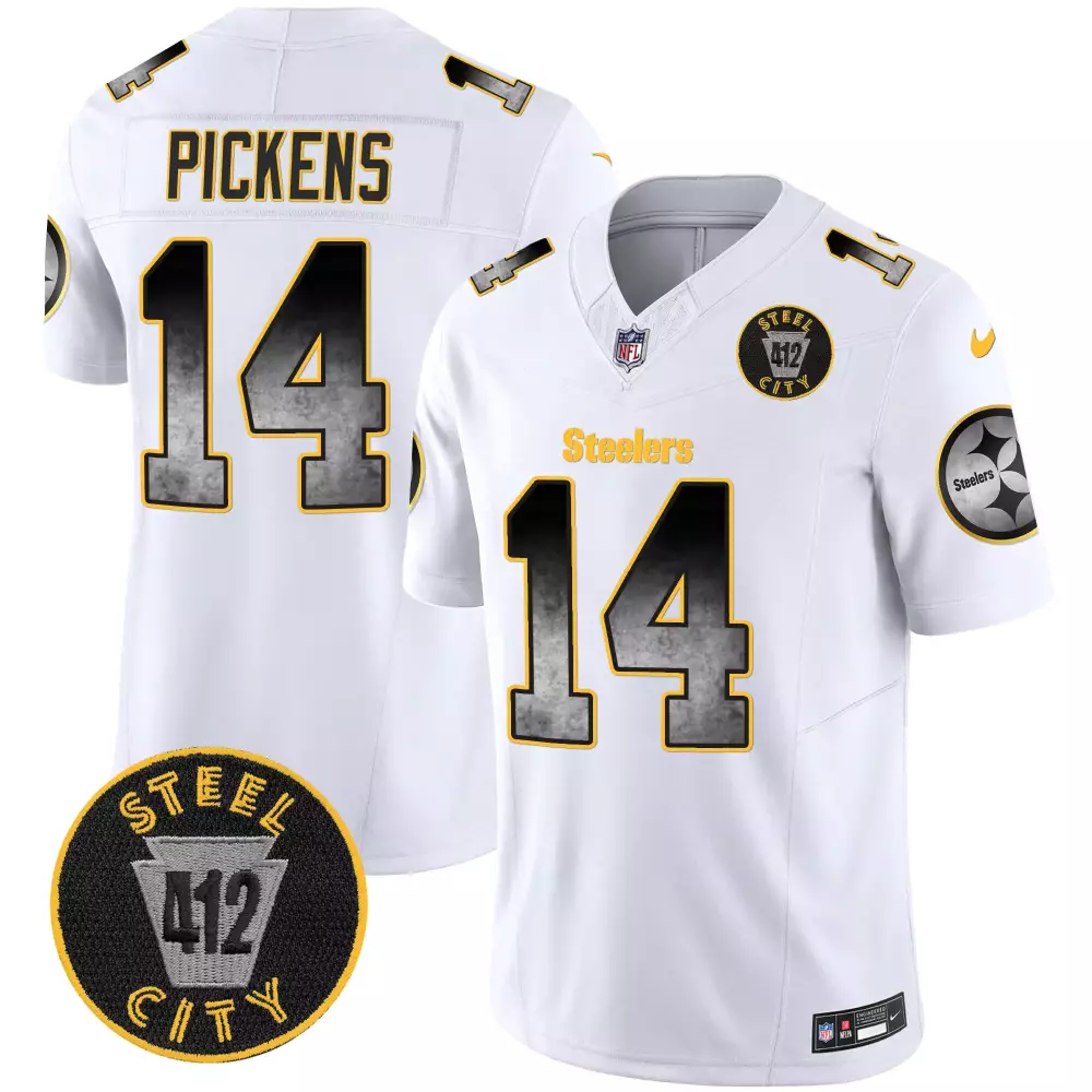 George Pickens 14 Steelers Jersey White Steel City 412 Men Alternate Black Yellow