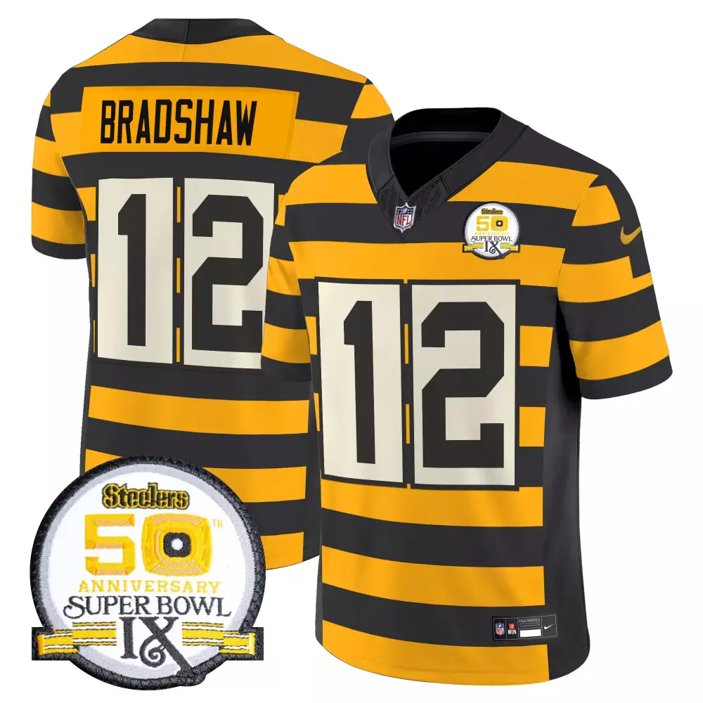 Terry Bradshaw 12 Steelers Jersey Black 50th Anniversary Super Bowl Ix Men Stripe