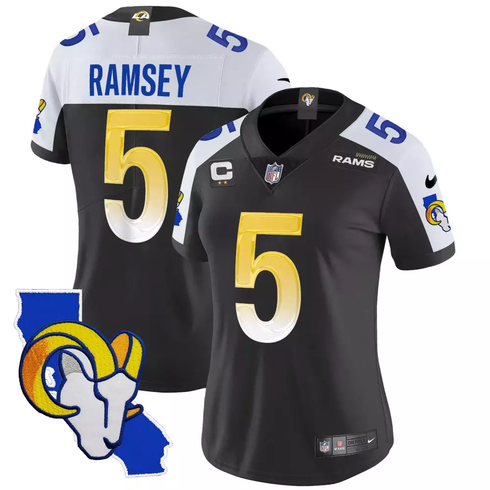 Jalen Ramsey 5 Rams Jersey Black California Outline Men Split Design White Gold Alternate