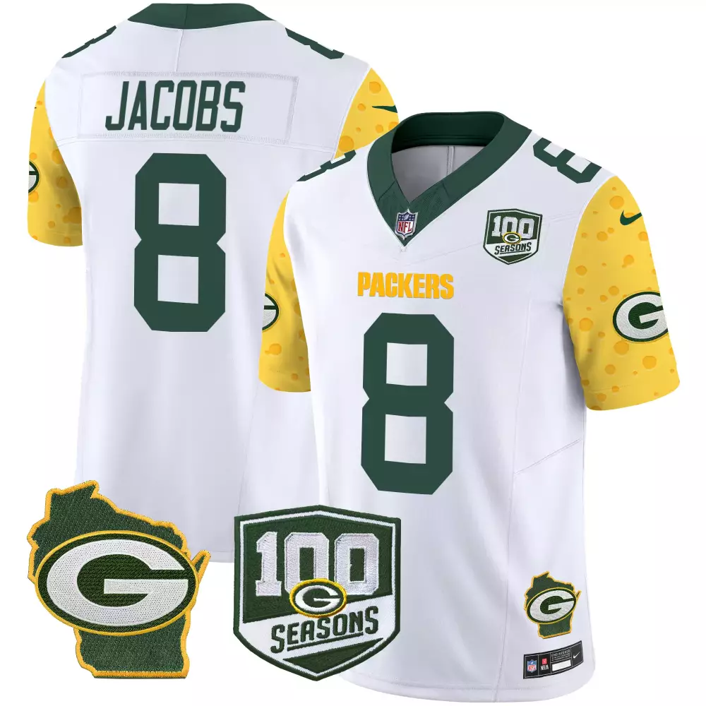 Josh Jacobs 8 Packers Jersey White 100th Season 100 Seasons Wisconsin Outline 2019