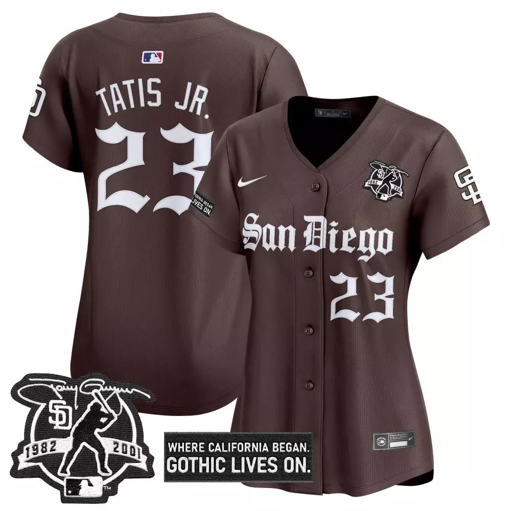 Fernando Tatis Jr. 23 Jersey Brown Gothic San Diego Padres Men White Vapor