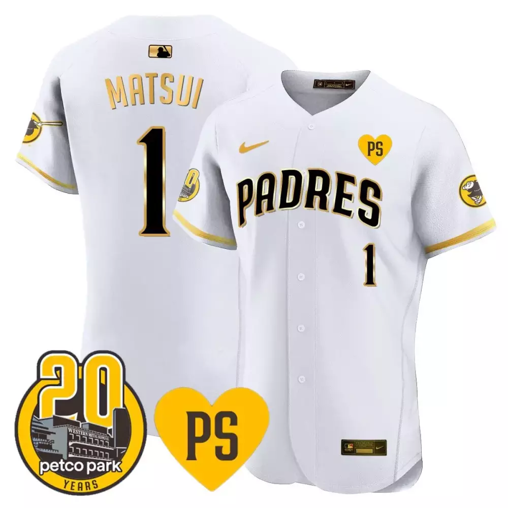 Yuki Matsui 1 Padres Jersey White Petco Park 20 Years 2023 Gold Black Vapor Premier