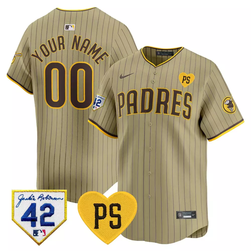 Custom Padres Jersey Tan Jackie Robinson 42 Ps Heart Men Brown Yellow Vapor Premier