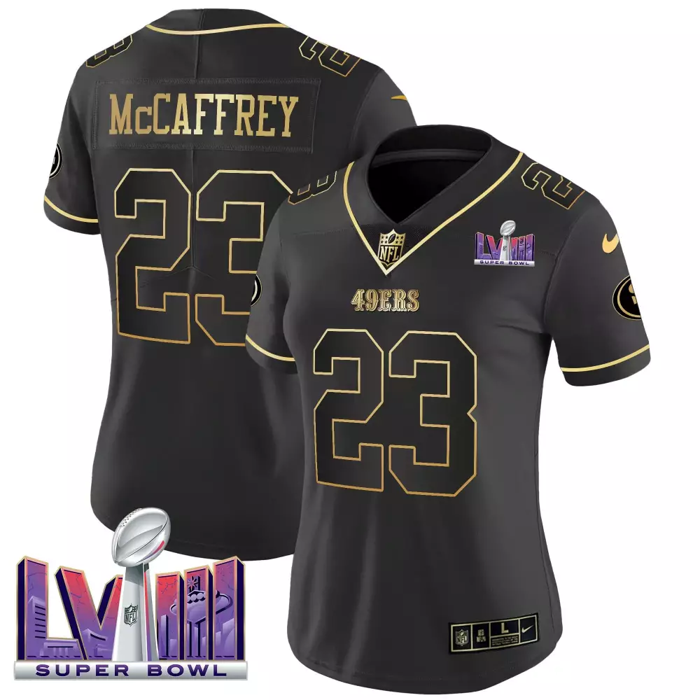 Christian Mccaffrey 23 49ERS Jersey Black Super Bowl Lviii Women Gold Vapor v2 All