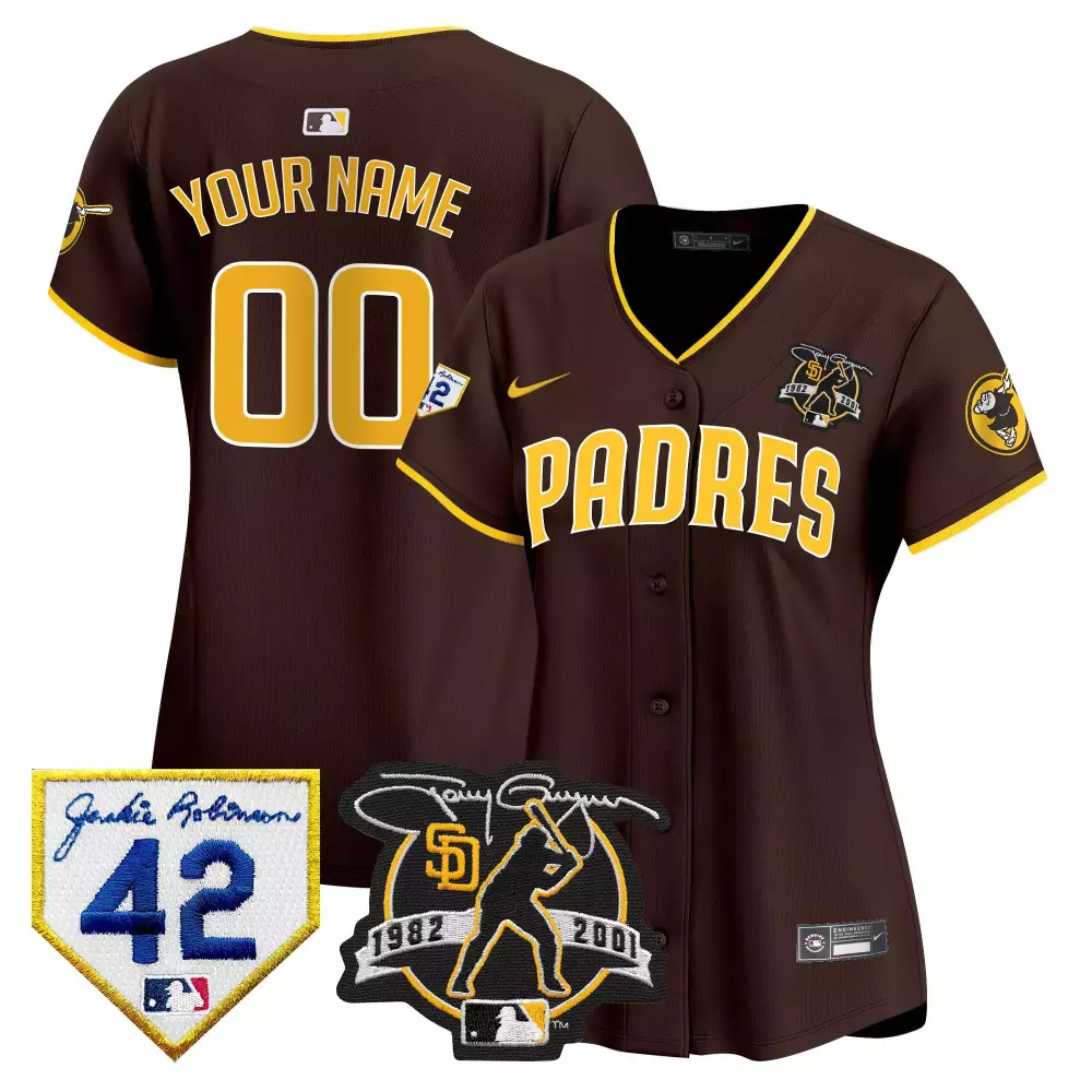 Custom San Diego Padres Jersey Brown 1982-2001 Jackie Robinson 42 Tony Gwynn Yellow