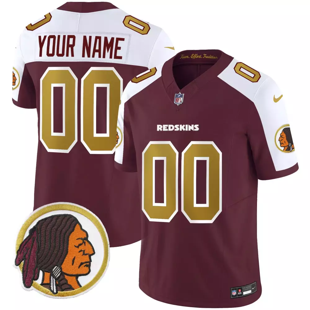 Custom Redskins Jersey Maroon Native American Profile Head White Gold Alternate Throwback