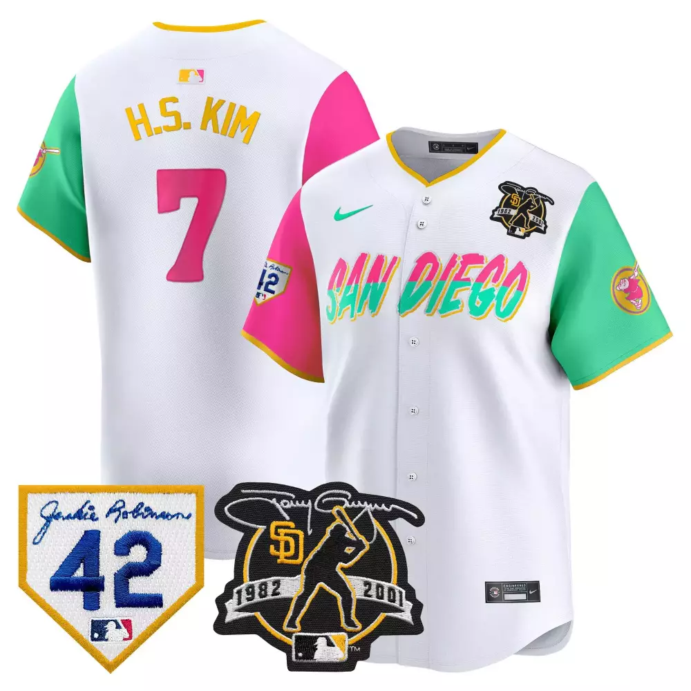 H.s. Kim 7 San Diego Padres Jersey White City Connect Jackie Robinson 42 Tony Gwynn 1982-2001
