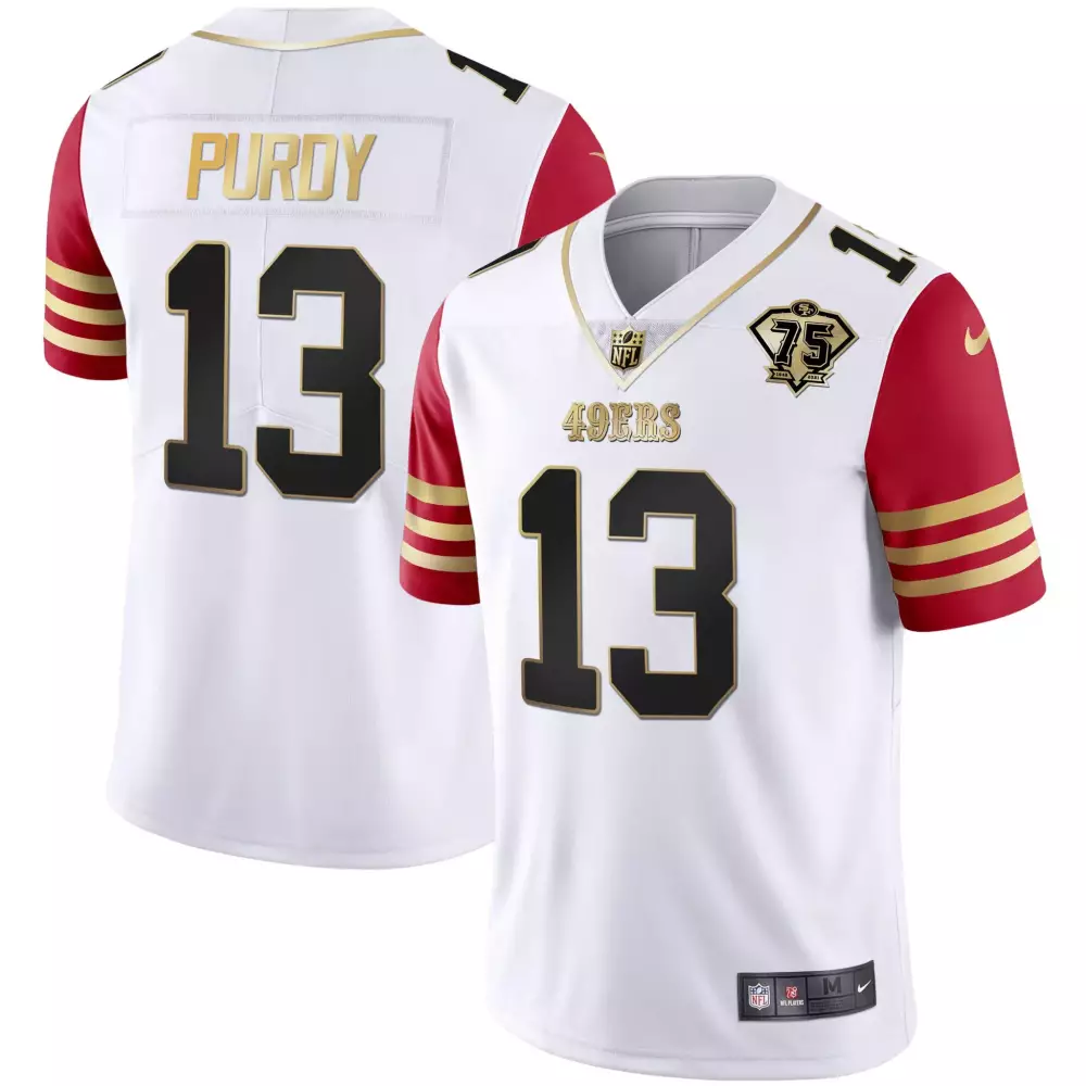 Brock Purdy 13 49ERS Jersey White 75th Anniversary Men Alternate Split Design Red
