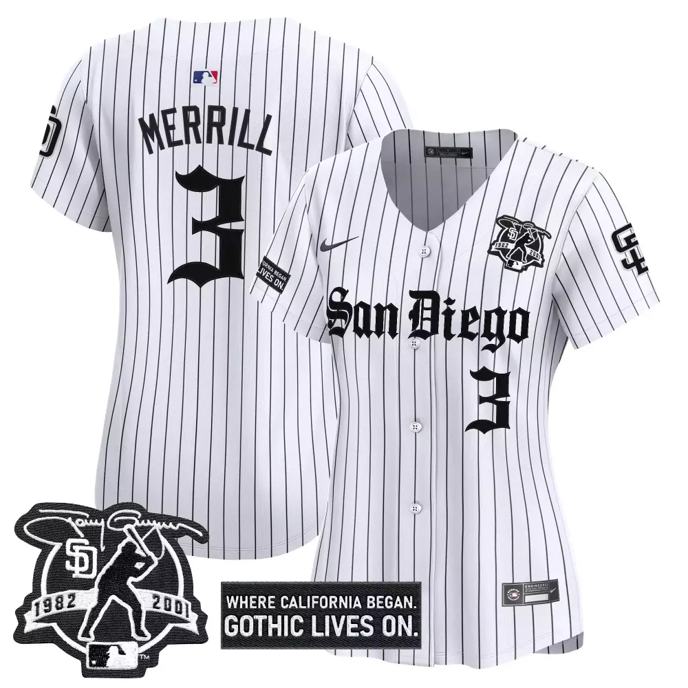 Merrill Gothic 3 San Diego Padres Jersey White 2001 Men Pinstripe Design Black Vapor