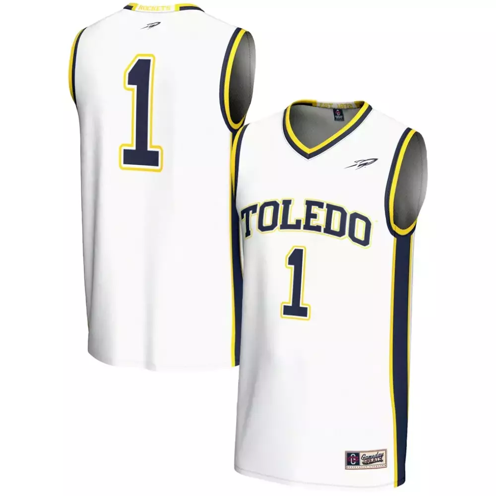 Custom Toledo Rockets 1 Jersey White Guardians Gridiron Men Navy Blue Yellow Gameday