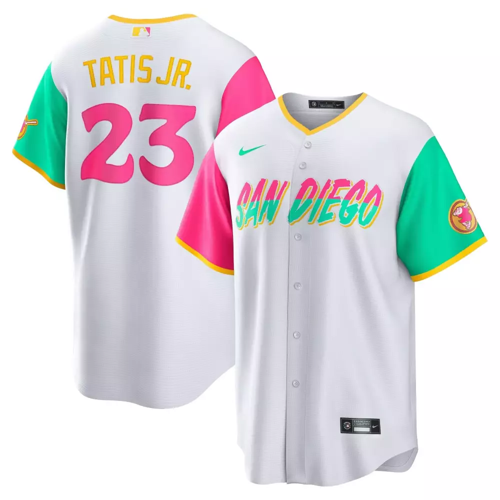 Fernando Tatis Jr. 23 Jersey White San Diego Padres Men Split Design Pink Teal Yellow