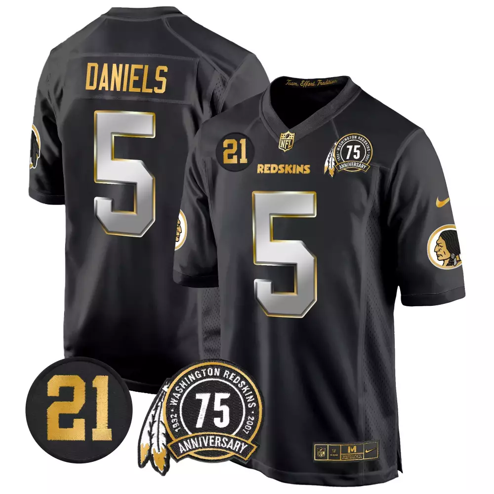 Jayden Daniels 5 Jersey Black 75th Anniversary Washington Redskins Men Gold Silver
