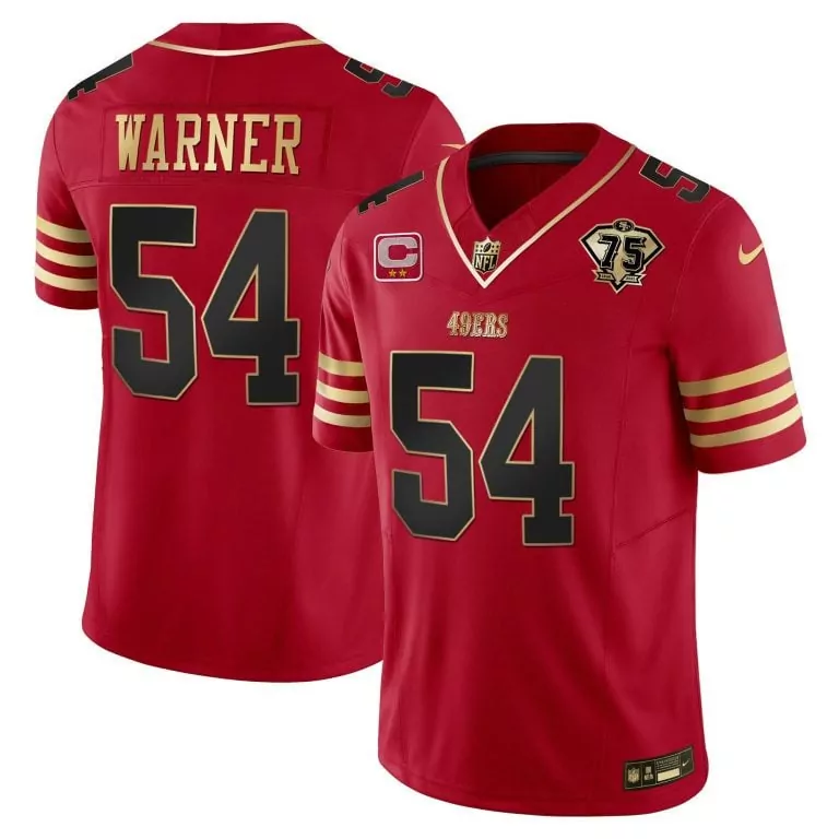 Fred Warner 54 49ERS Jersey Red 75th Anniversary Men Gold Throwback Vapor Limited