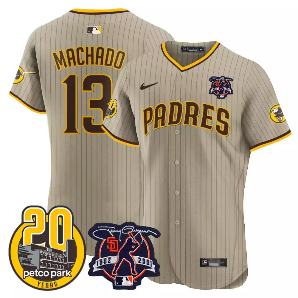 Manny Machado 13 Padres Jersey Tan Petco Park 20 Years Men Brown Yellow Vapor Premier