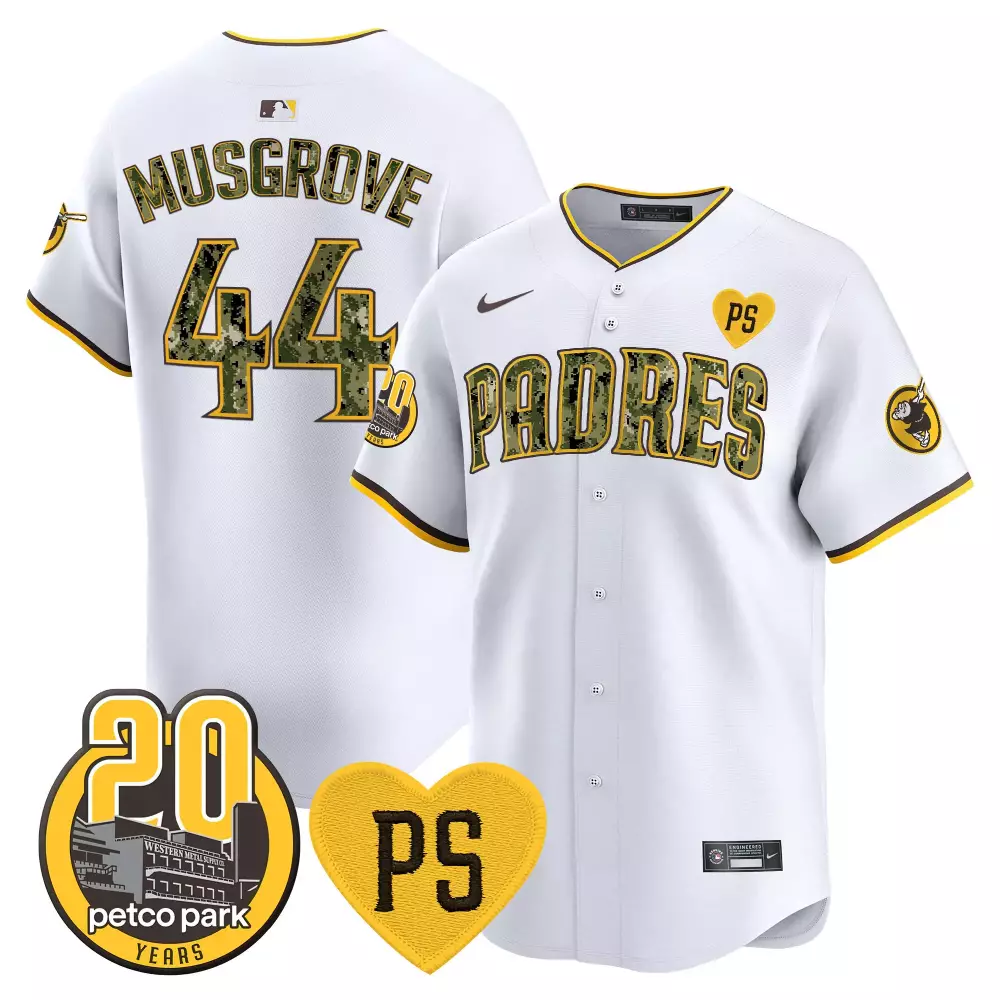 Joe Musgrove 44 Padres Jersey White Petco Park 20th Anniversary 20 Years Ps Heart