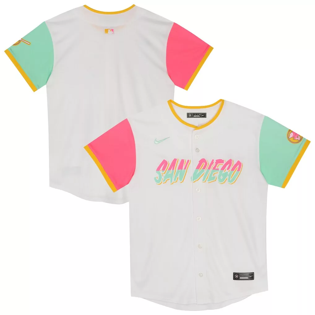 San Diego Padres Jersey White City Connect Men Split Design Teal Pink Yellow