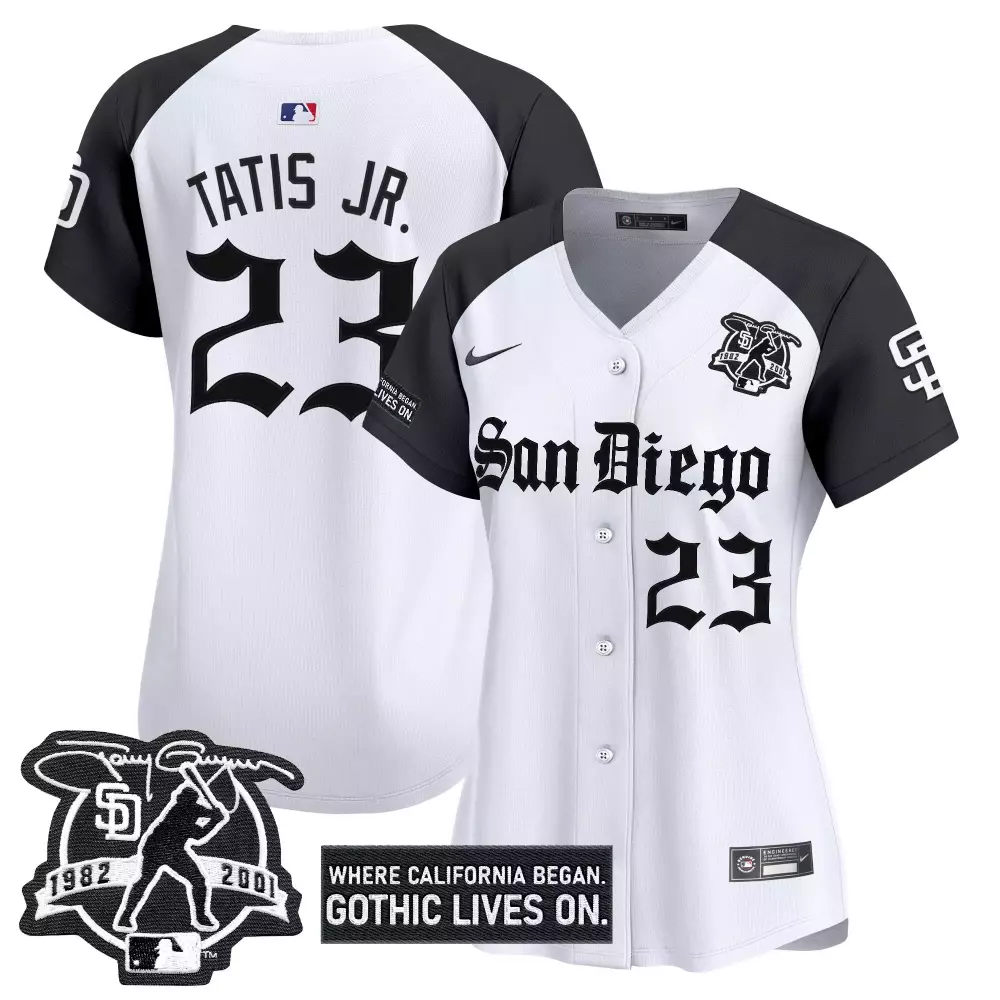 Fernando Tatis Jr. 23 Jersey White Gothic San Diego Padres Men Alternate Black Vapor