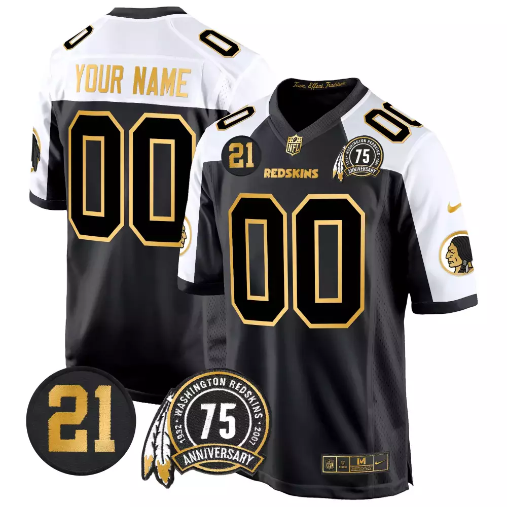 Custom Redskins Jersey Black 75th Anniversary Men White Gold Alternate Game All Stitched