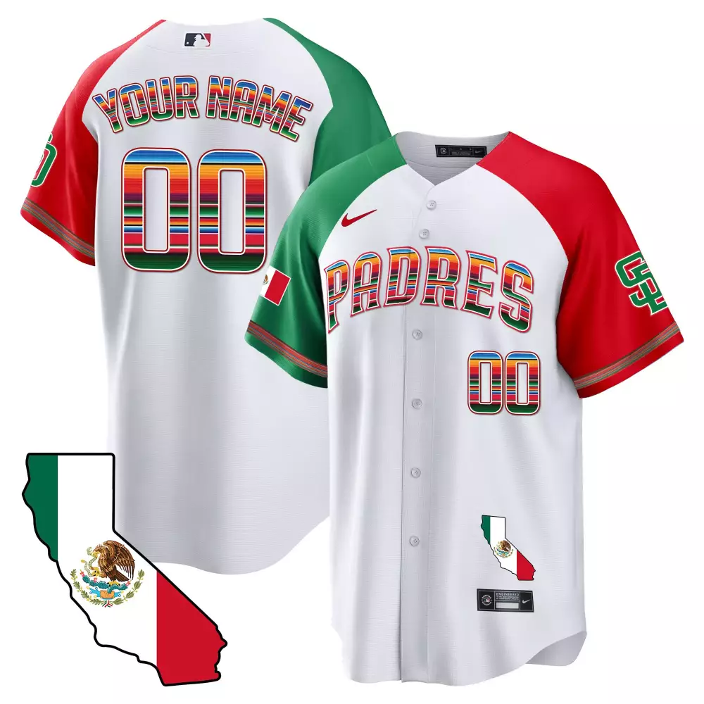 Custom Padres Jersey White California Flag Mexico Split Design Green Red Alternate
