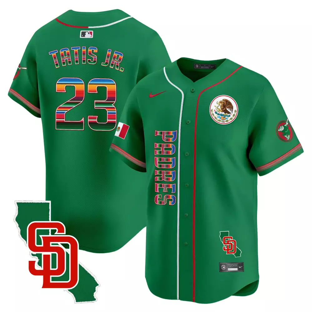 Fernando Tatis 23 Padres Jersey Green Mexican Heritage Flag National Emblem Men Split Design
