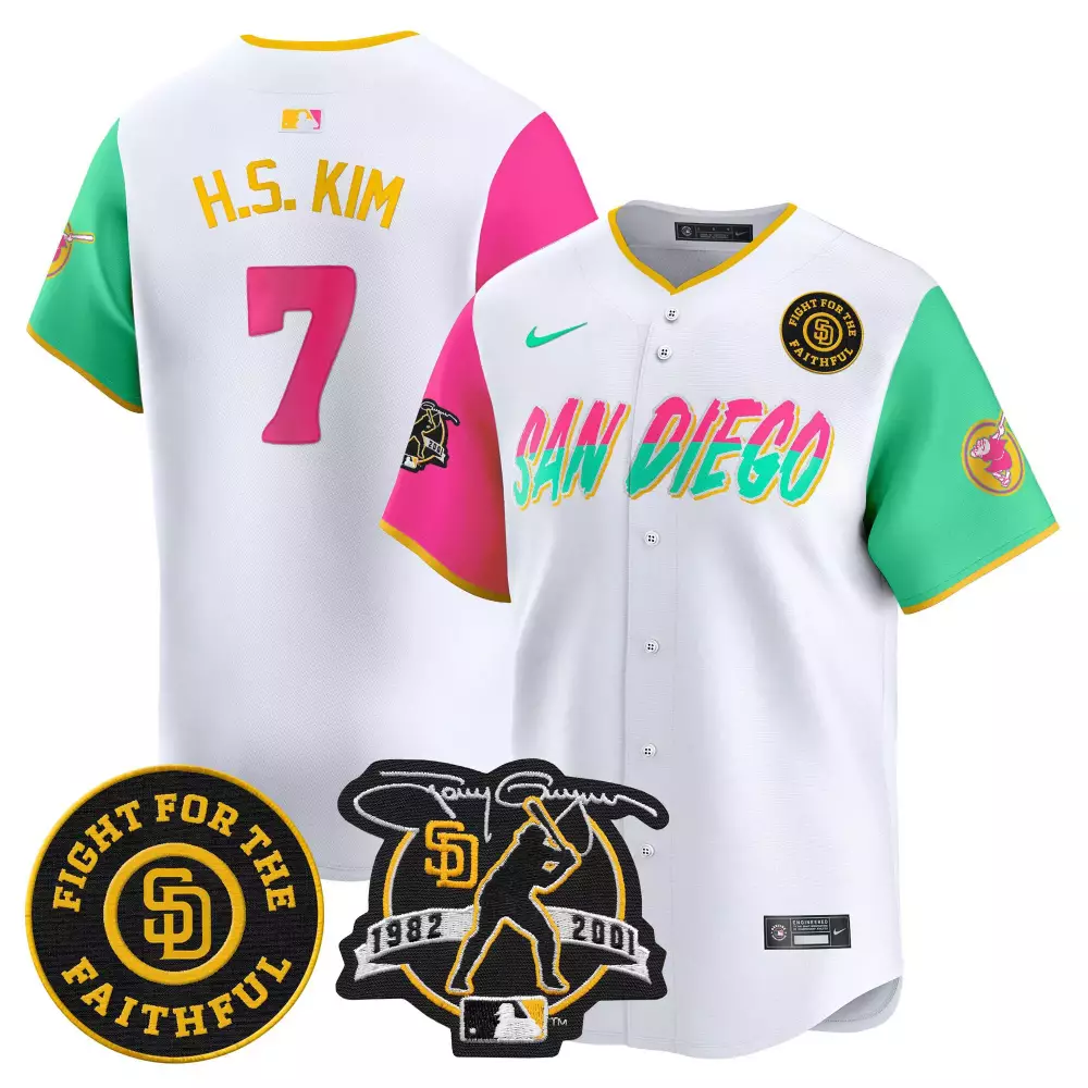 H.s. Kim 7 San Diego Padres Jersey White Fight Faithful Men Split Design Green Pink