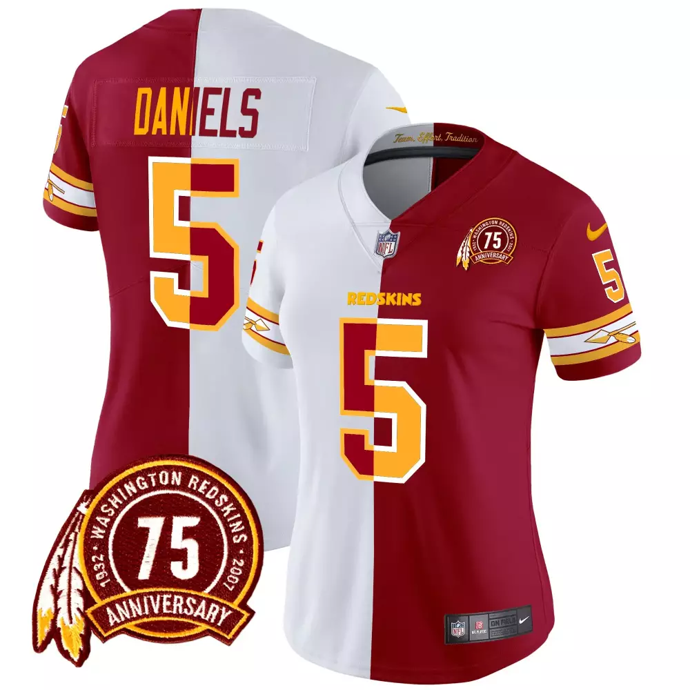 Jayden Daniels 5 Jersey Maroon Washington Redskins Men Split Design White Gold Vapor