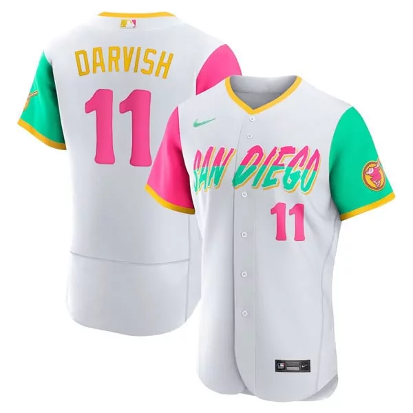 Darvish Vibrant 11 Jersey White San Diego Padres Split Design Hot Pink Teal Yellow