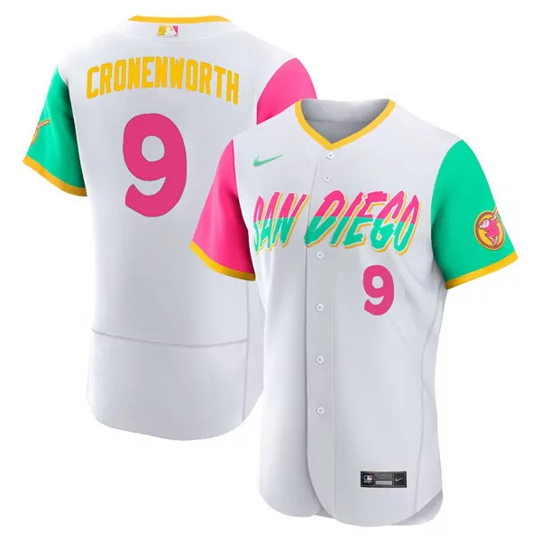 Jake Cronenworth 9 Jersey White San Diego Padres Men Split Design Yellow Pink Teal