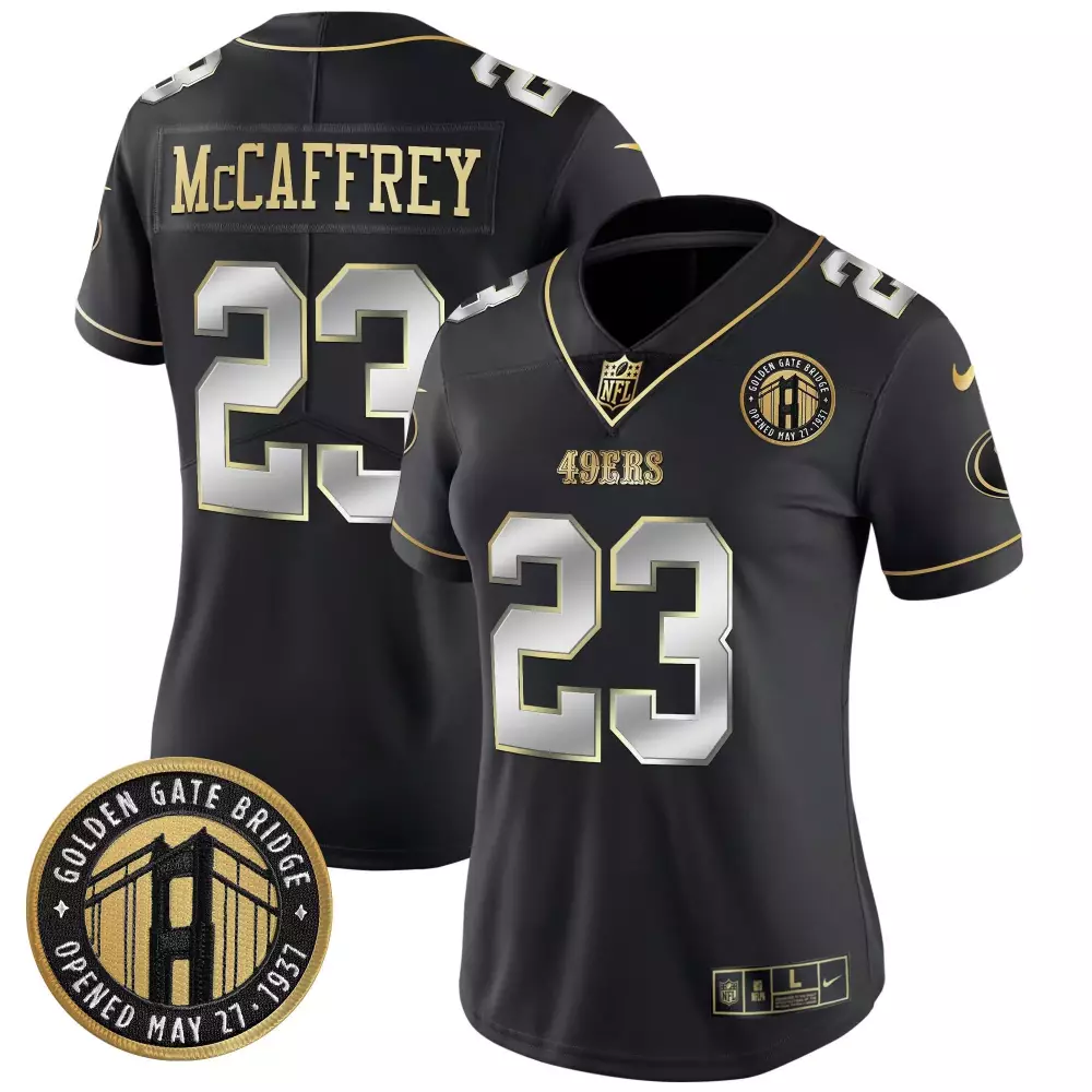 Christian Mccaffrey 23 49ERS Jersey Black Golden Gate Bridge Men NFL Gold Silver