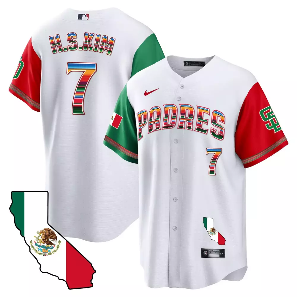 Haseong Kim 7 Padres Jersey White Mexico Flag California Outline Split Design Red