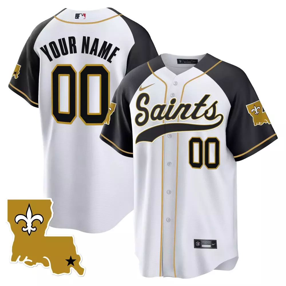 Custom New Orleans Saints Jersey White Louisiana Outline Black Gold All Stitched