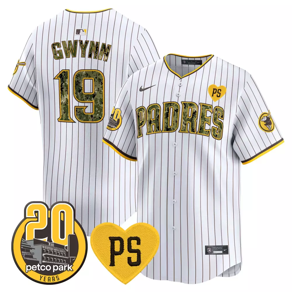 Tony Gwynn 19 San Diego Padres Jersey White 20 Years Petco Park Ps Heart Men Yellow