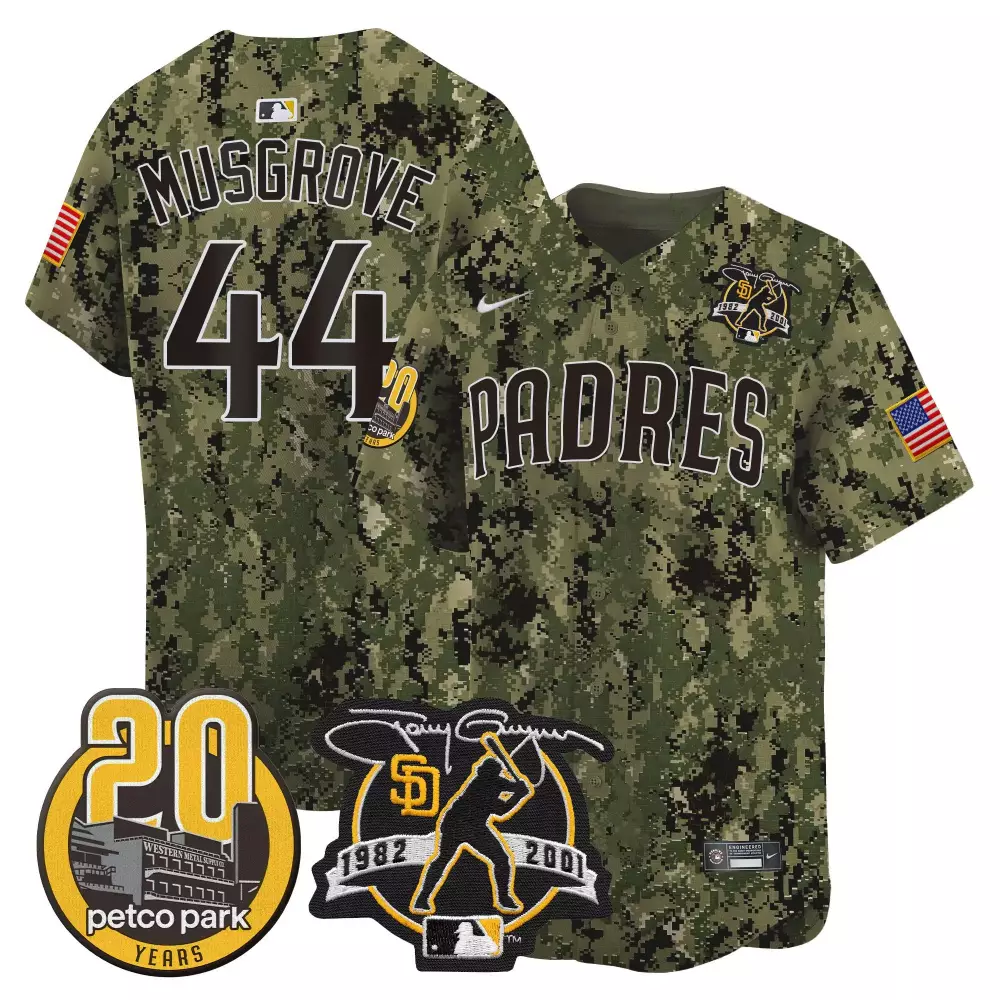 Joe Musgrove 44 Padres Jersey Green Military Camo Petco Park 20 Years Tony Gwynn 1982-2001