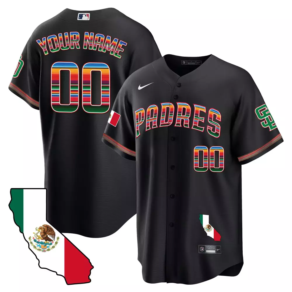 Custom Padres Jersey Black Mexican Heritage Flag California Map Multi-colored Stripes
