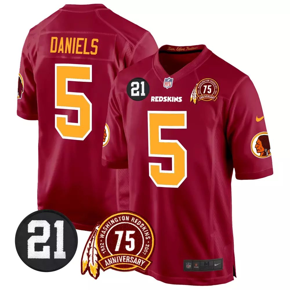 Jayden Daniels 5 Jersey Maroon 75th Anniversary Washington Redskins Number 21 Men