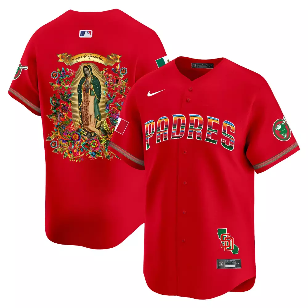San Diego Padres Jersey Red City Connect Virgin Guadalupe Mexico Flag Men Split Custom Design
