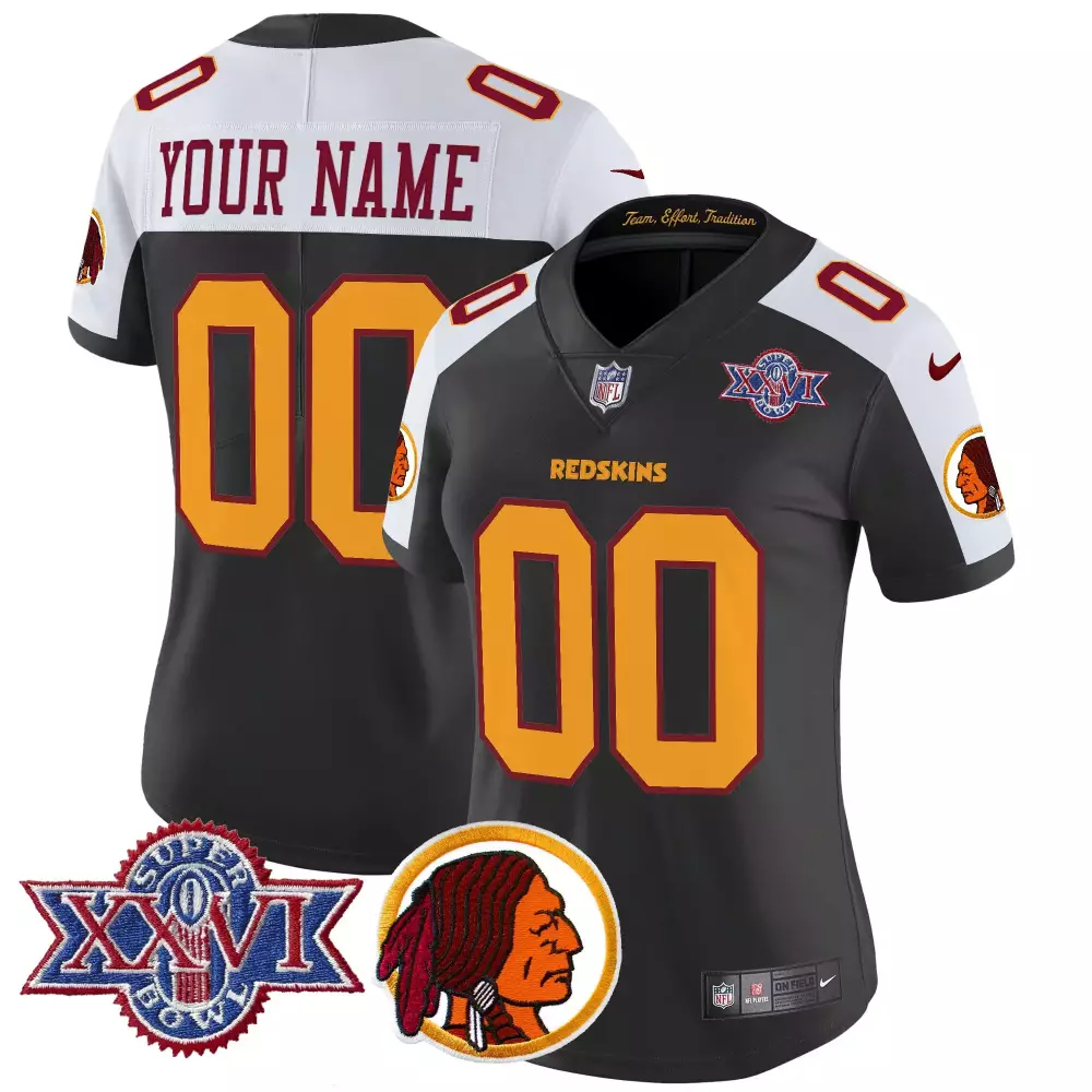Custom Redskins Jersey Black Super Bowl Xxvi Women Split Design White Maroon Orange